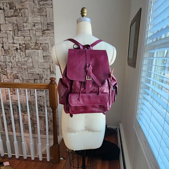 Woven Leather Backpack in Burgundy - Picture 2 of 15